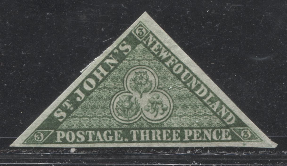 Lot 18 Newfoundland #11A 3d Dark Green (Green) Heraldic Flowers, 1860 Pence Issue, A Fine Unused Imperforate Single From The November 1861 Printing, Small Crease