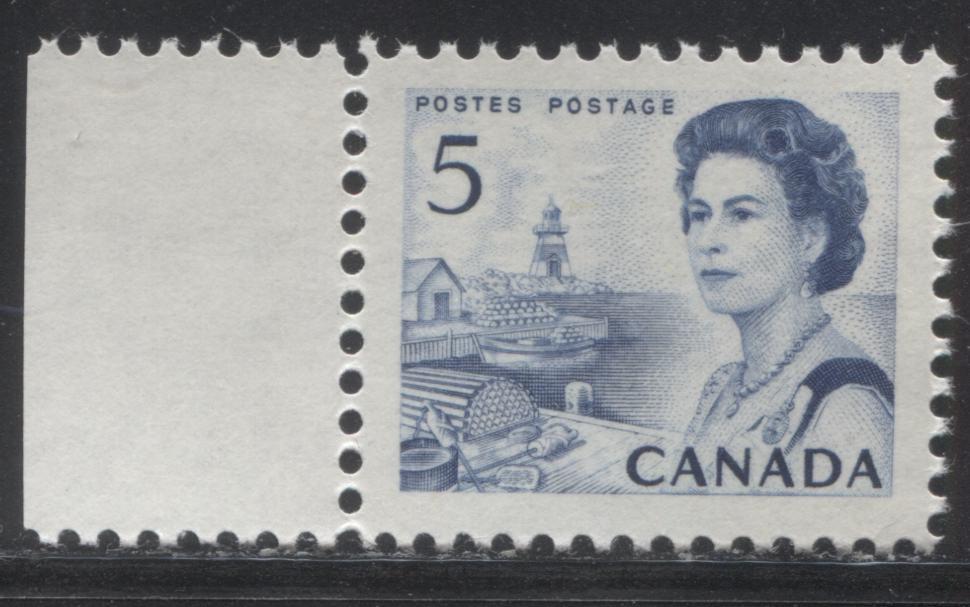 Lot 181 Canada #458vi 5c Blue Fishing Village, 1967-1973 Centennial Definitive Issue, A VFNH Single On DF-fl Gray Paper With Very Sparse MF Fibers And Dex Gum, Line Through 5 Variety