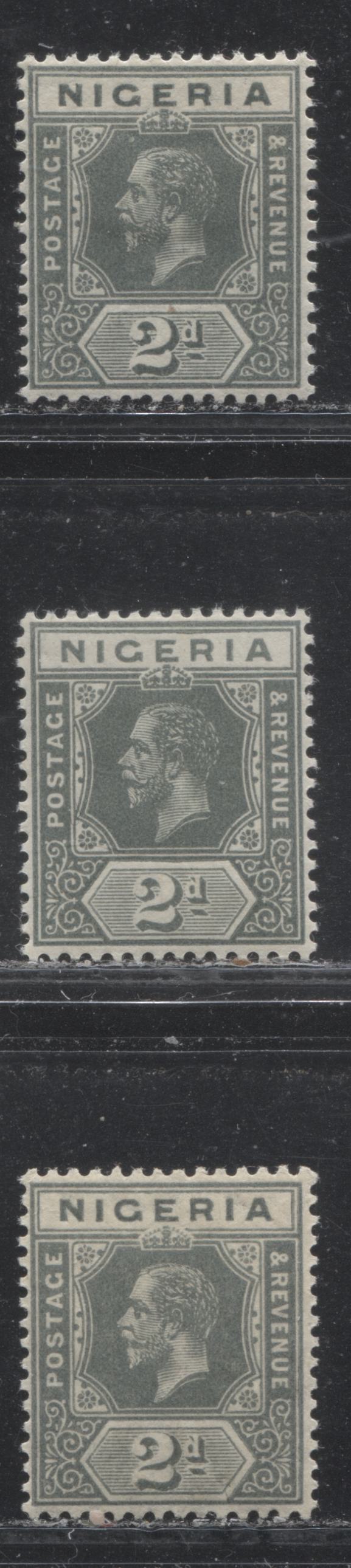 Lot 181 Nigeria SG# 3a 2d Slate Grey King George V, 1914-1921 Multiple Crown CA Imperium Keyplate Issue, Three VFOG Examples, From Different Printings, Each a Slightly Different Shade