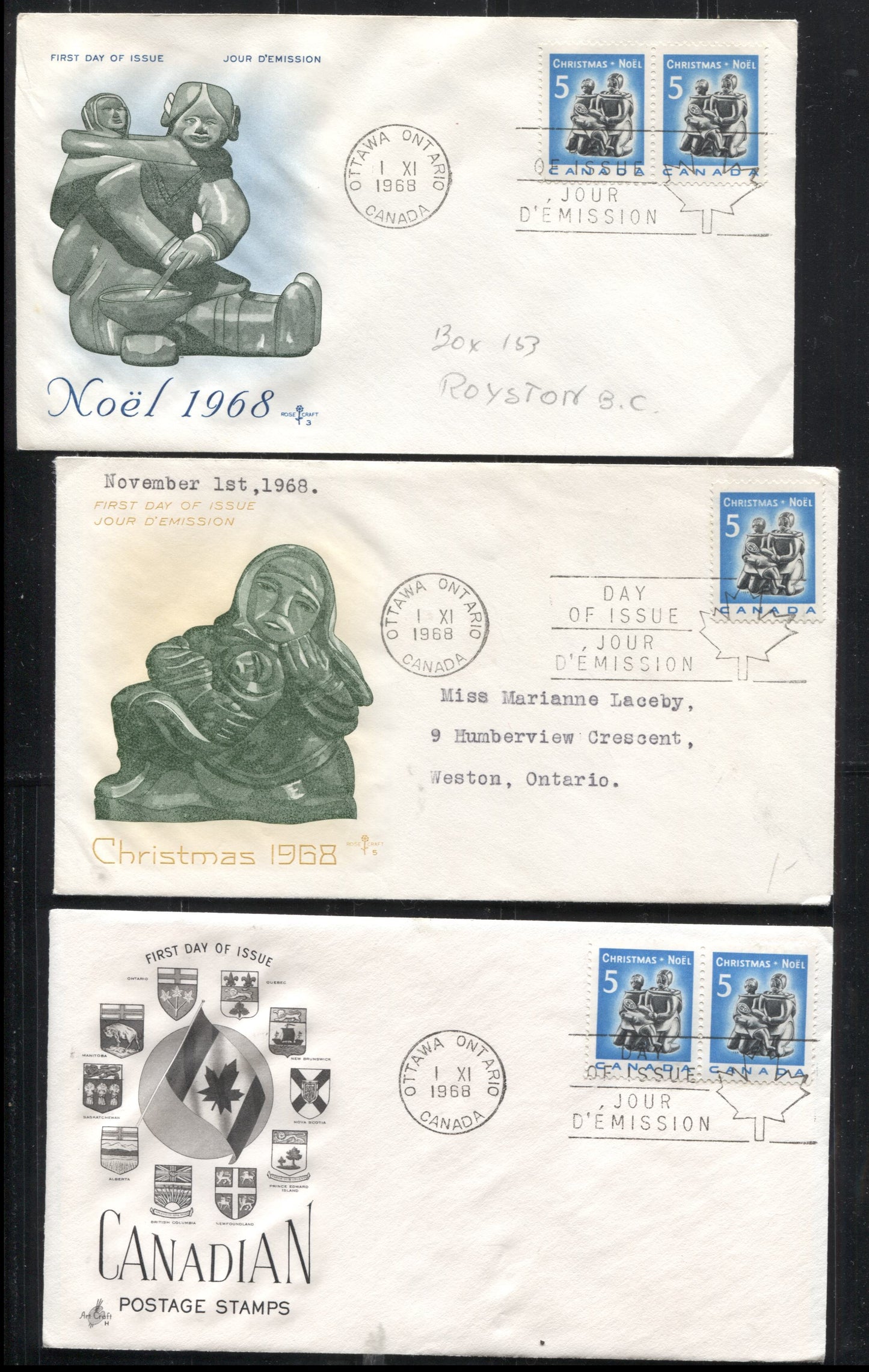 Lot 181 Canada #488 1968 Christmas, A Group of 10 Artcraft, Rosecraft, Unknown and Cole First Day Covers