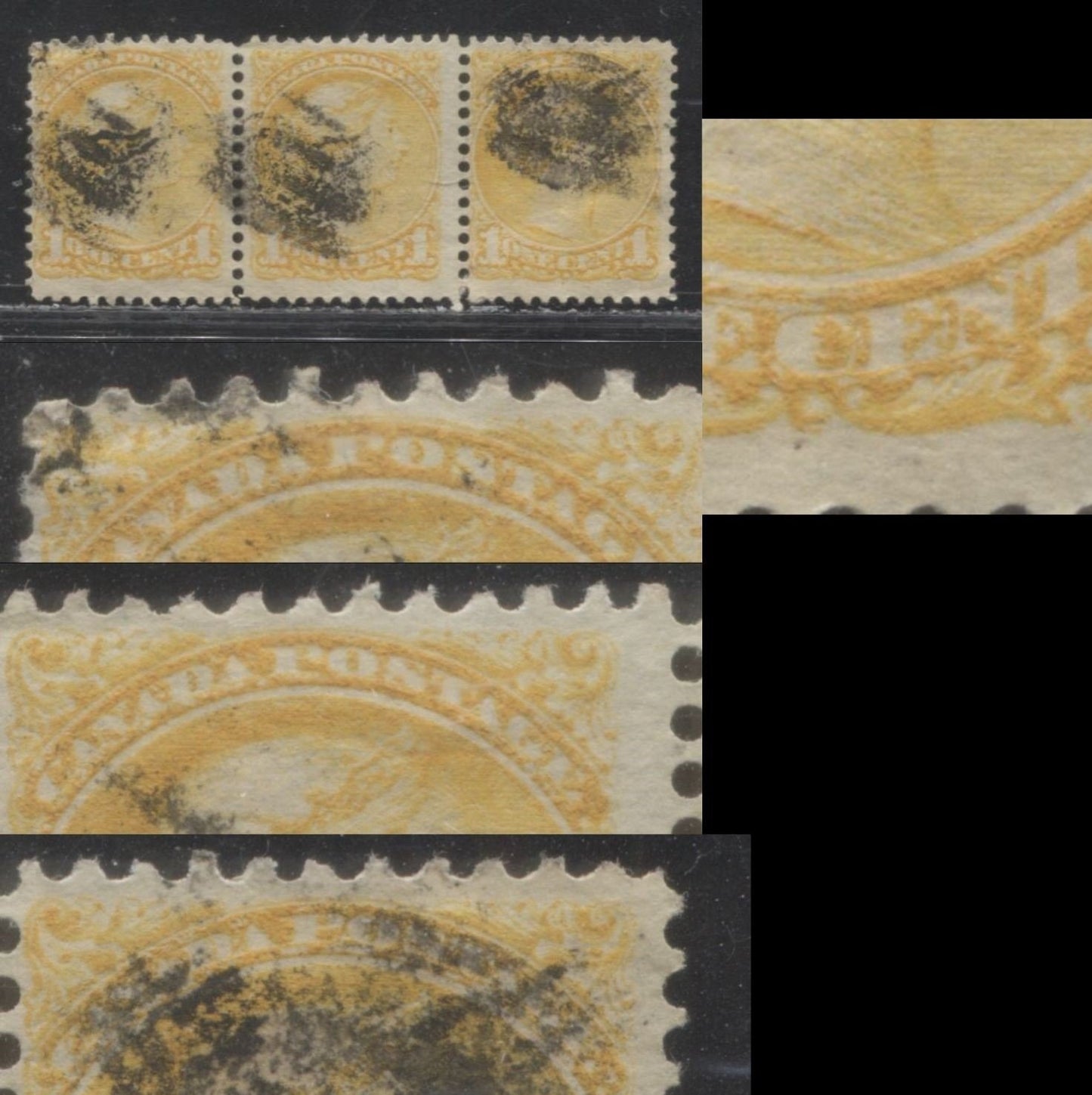 Lot 182 Canada #35 1c Yellow Queen Victoria, 1870-1897 Small Queen Issue, A VG Used Strip of 3 Second Ottawa, 12.25, Thin, Stout Horizontal Wove, Showing Plate Damage on All 3 Stamps