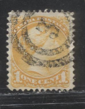 Lot 183 Canada #35i 1c Deep Yellow Queen Victoria, 1870-1897 Small Queen Issue, A VF Used Example Montreal, 12 x 12.1, Horizontal Wove , 2-Ring #3 Cancel for Quebec, RF1