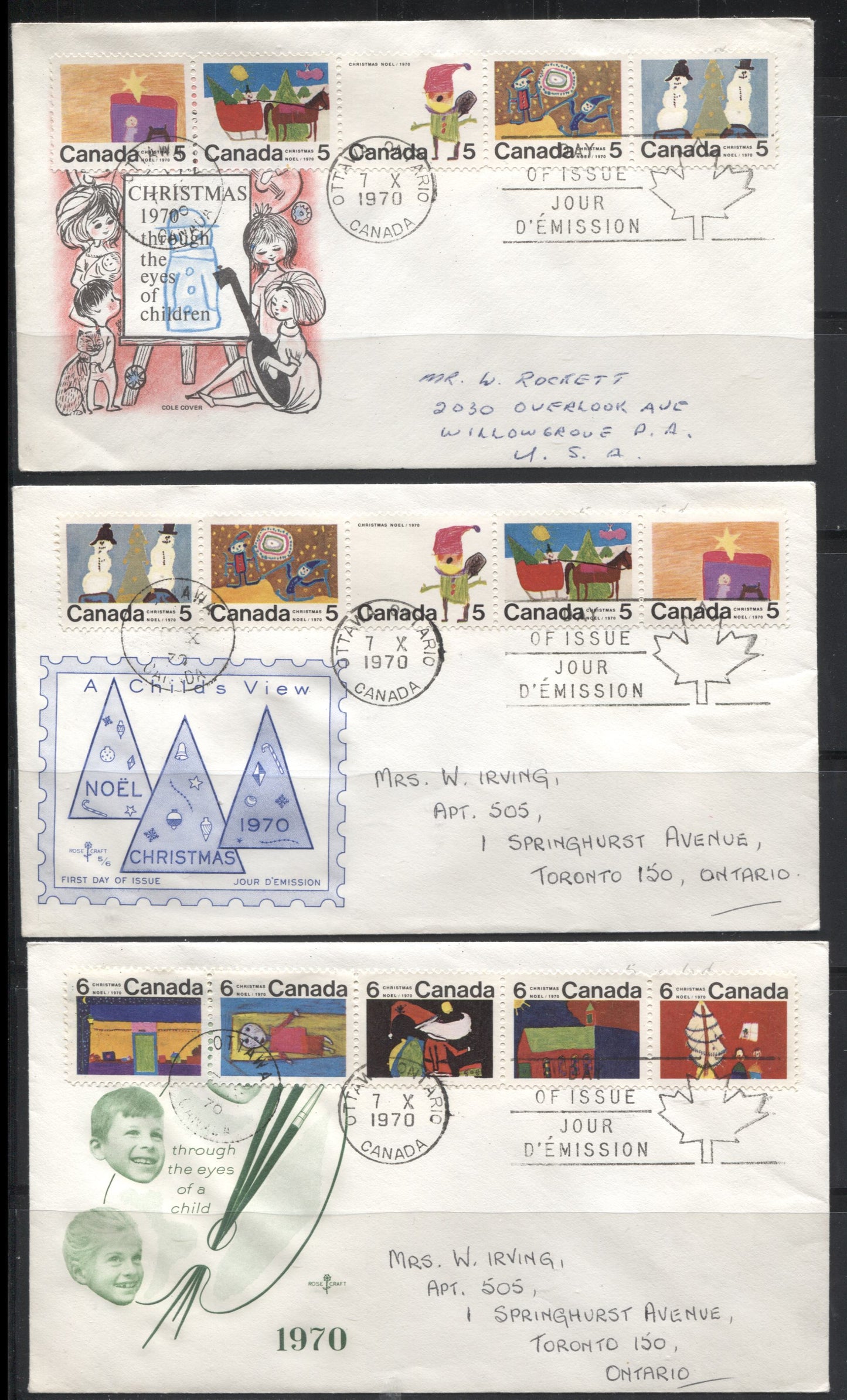 Lot 184 Canada #523a, 528a 1970 Christmas, Two Cole Cachet First Day Covers With Se-Tenant Strips of 5
