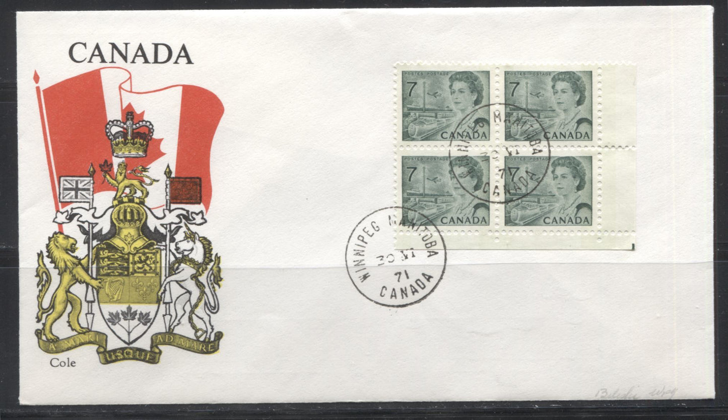 Lot 184 Canada #543p 7c Slate Green Transportation, 1967-1973 Centennial Issue, A Matched Set of Winnipeg Tagged Corner Blocks on Bileski First Day Covers With Cole Cachet