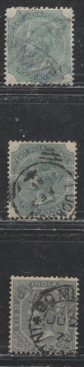 Lot 185 India #69/72 4a & 6a 8p Blue Green & Slate Queen Victoria, 1866-1878 Surface Printed Issue, Three Fine Used Examples, Elephant Head Watermark