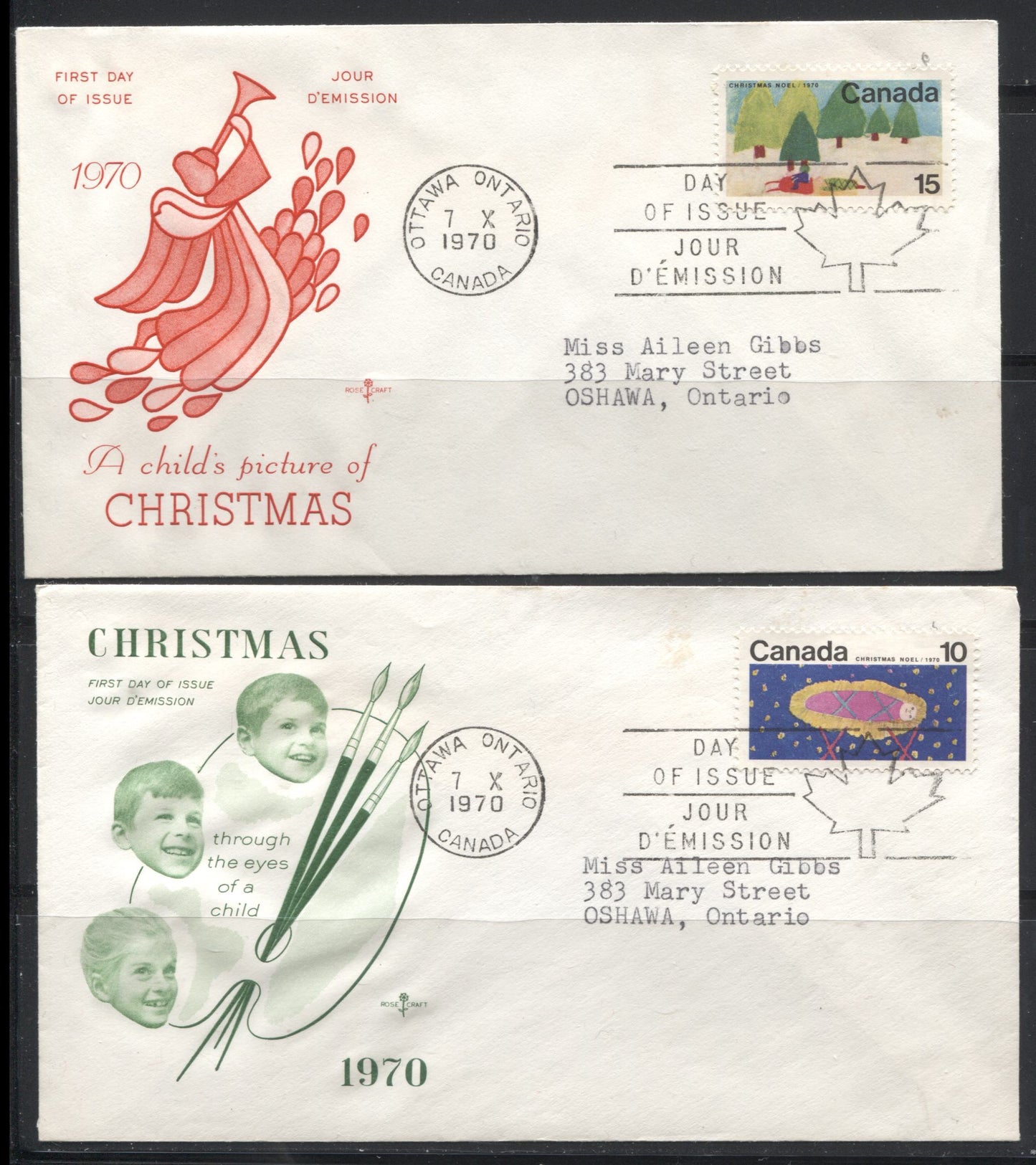 Lot 185 Canada #529-530 1970 Christmas, Four Rosecraft Cachet First Day Covers
