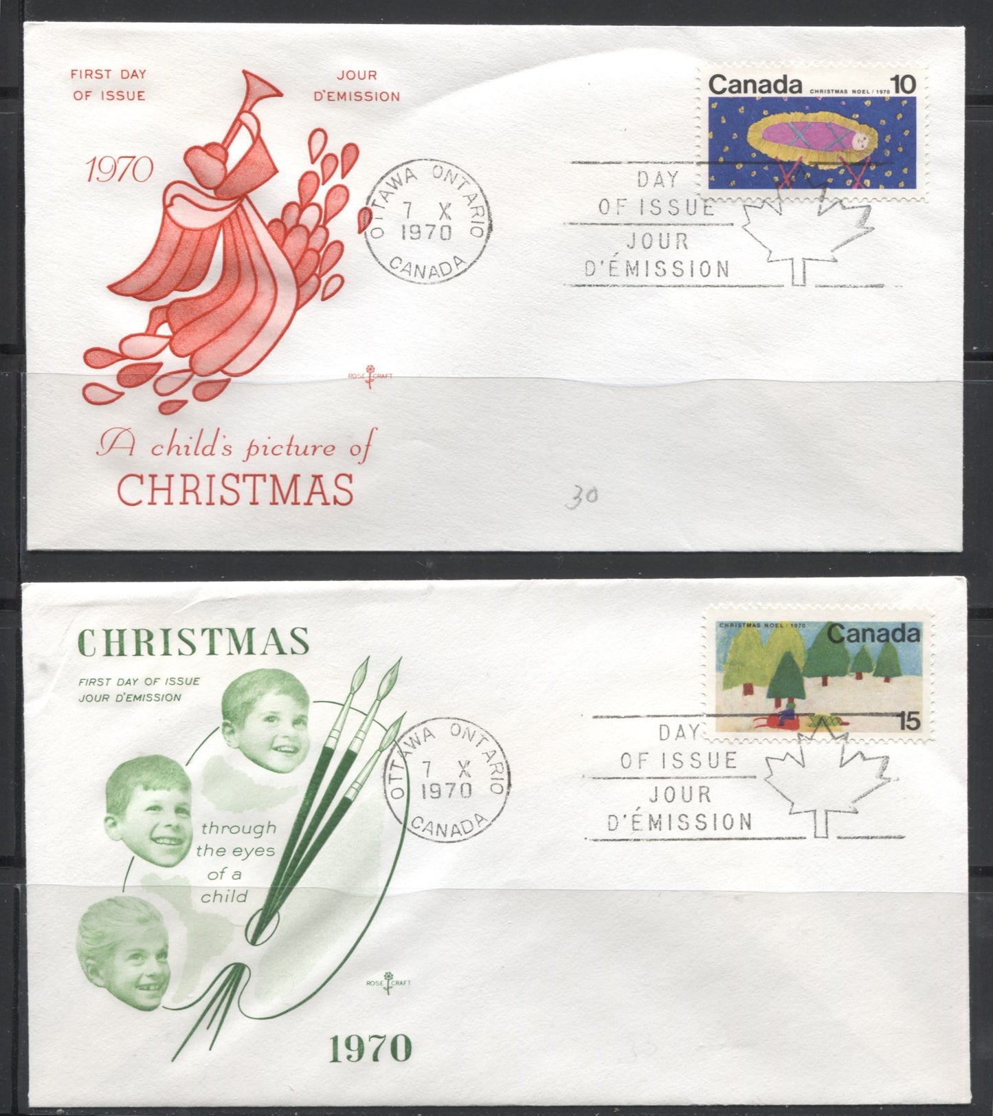 Lot 185 Canada #529-530 1970 Christmas, Four Rosecraft Cachet First Day Covers