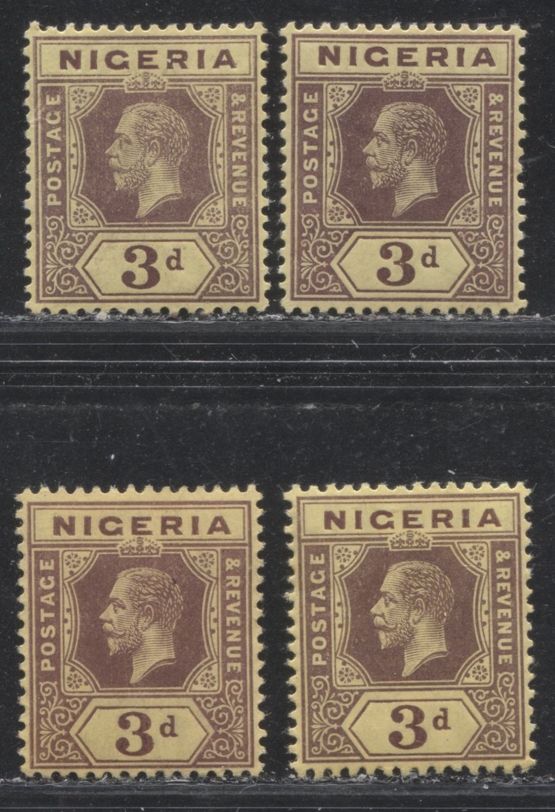 Lot 186 Nigeria SG# 5-5a 3d Chcolate Brown & Purple Brown on Yellow Paper With White and Lemon Backs King George V, 1914-1921 Multiple Crown CA Imperium Keyplate Issue, Four VFOG Examples