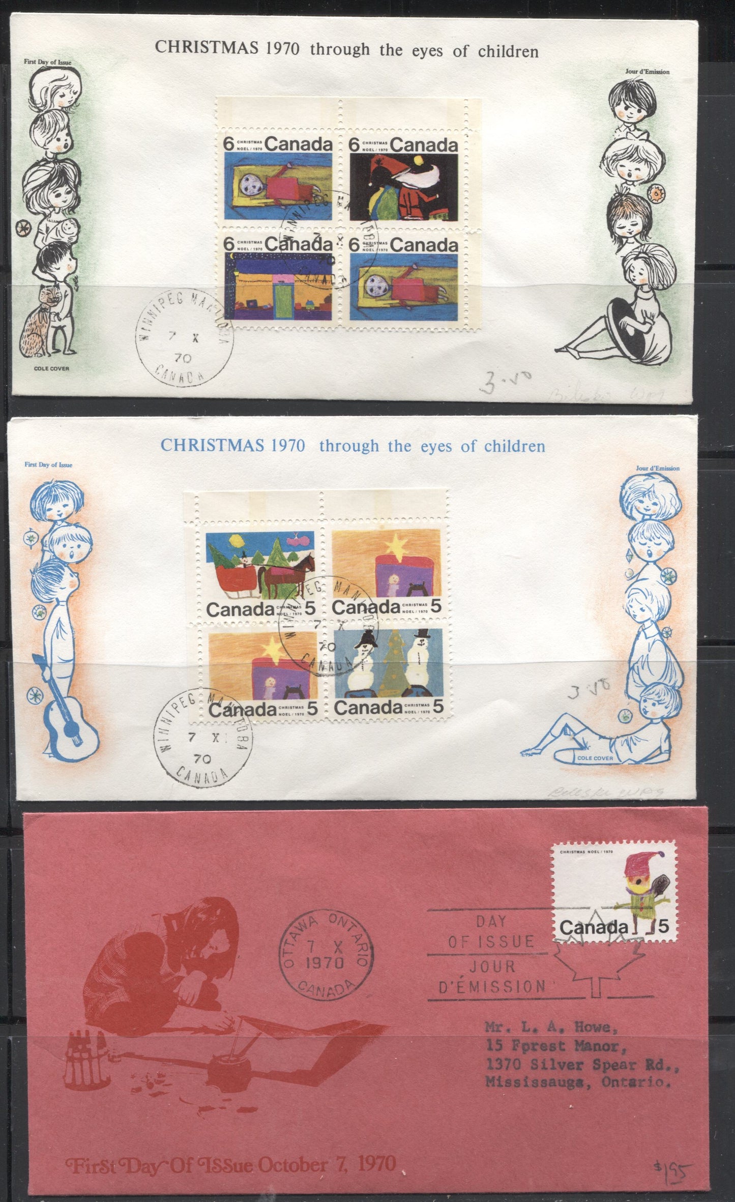Lot 186 Canada #520p/527p, 519 1970 Christmas, Three Caneco and Cole First Day Covers Franked With Tagged Blocks