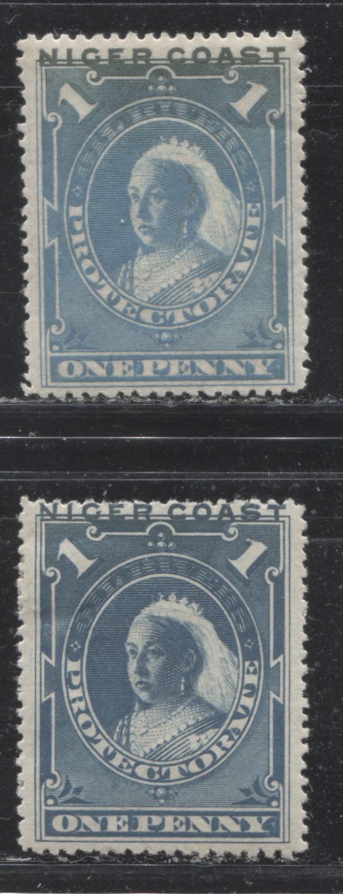 Lot 187 Niger Coast Protectorate SG#46, 46b 1d Deep Dull Blue and Dull Blue Queen Victoria 1894 Obliterated "Oil Rivers" Waterlow Issue, Two VFOG Examples, Perf. 14.5-15, 39,400 Issued, SG Cat. 13.5 GBP = Approximately $22.95 For Fine OG, Est. $15