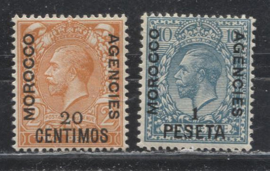 Lot 187 Morocco Agencies - Spanish Currency SG#132, 135 20c, 1pe Orange & Turquoise Blue King George V, 1913-1921 Overprinted King George V Royal Cypher Issue, Fine and VFNH Examples