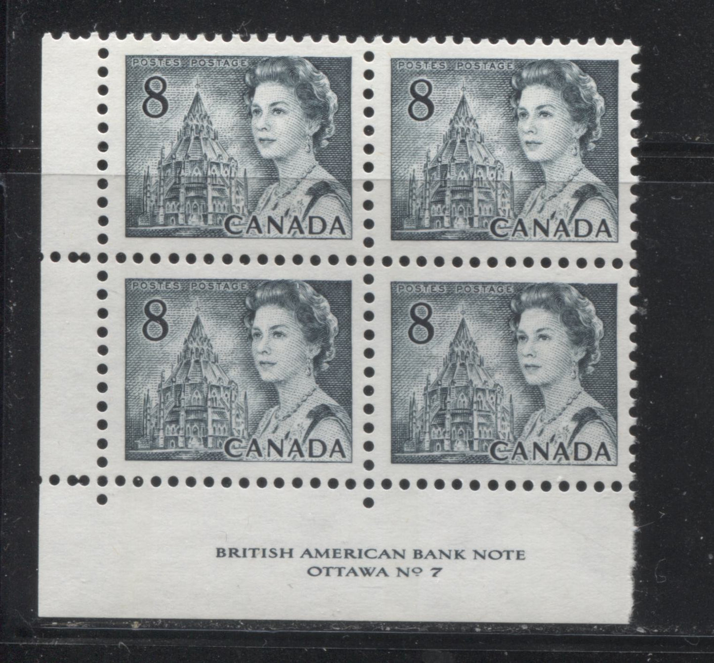 Lot 187 Canada #544piv 8c Slate Queen Elizabeth II, 1967-1973 Centennial Issue, An Unlisted VFNH LL T3 GT2 Tagged Plate 7 Block Of 4 On HF-fl Smooth Paper With PVA Gum, G2aC Tagging Error