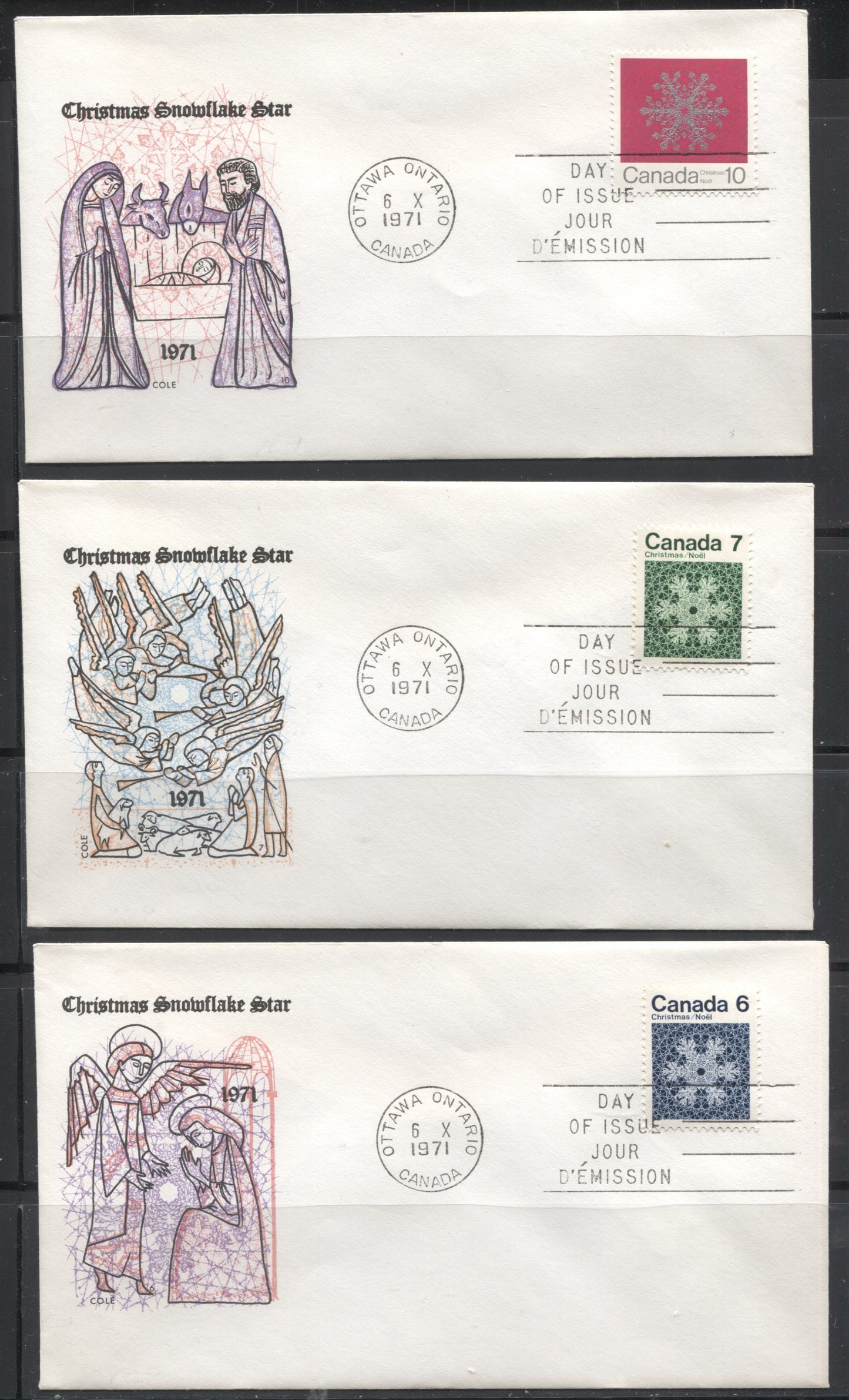 Lot 187 Canada #554-557i 1971 Christmas, Six Cole and Rosecraft First Day Covers, Including Both 10c and 15c Values on the Scarce Horizontal Ribbed Paper