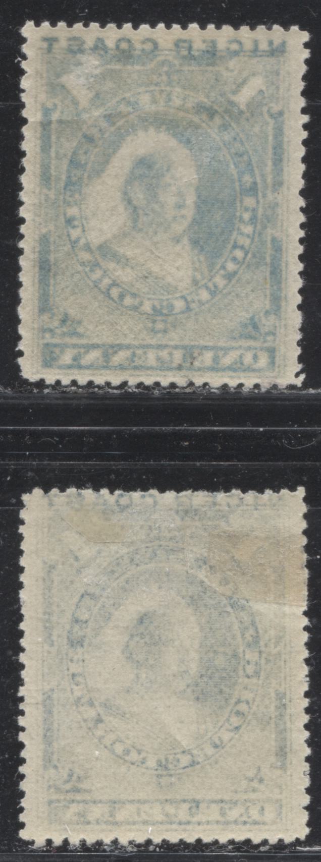 Lot 187 Niger Coast Protectorate SG#46, 46b 1d Deep Dull Blue and Dull Blue Queen Victoria 1894 Obliterated "Oil Rivers" Waterlow Issue, Two VFOG Examples, Perf. 14.5-15, 39,400 Issued, SG Cat. 13.5 GBP = Approximately $22.95 For Fine OG, Est. $15