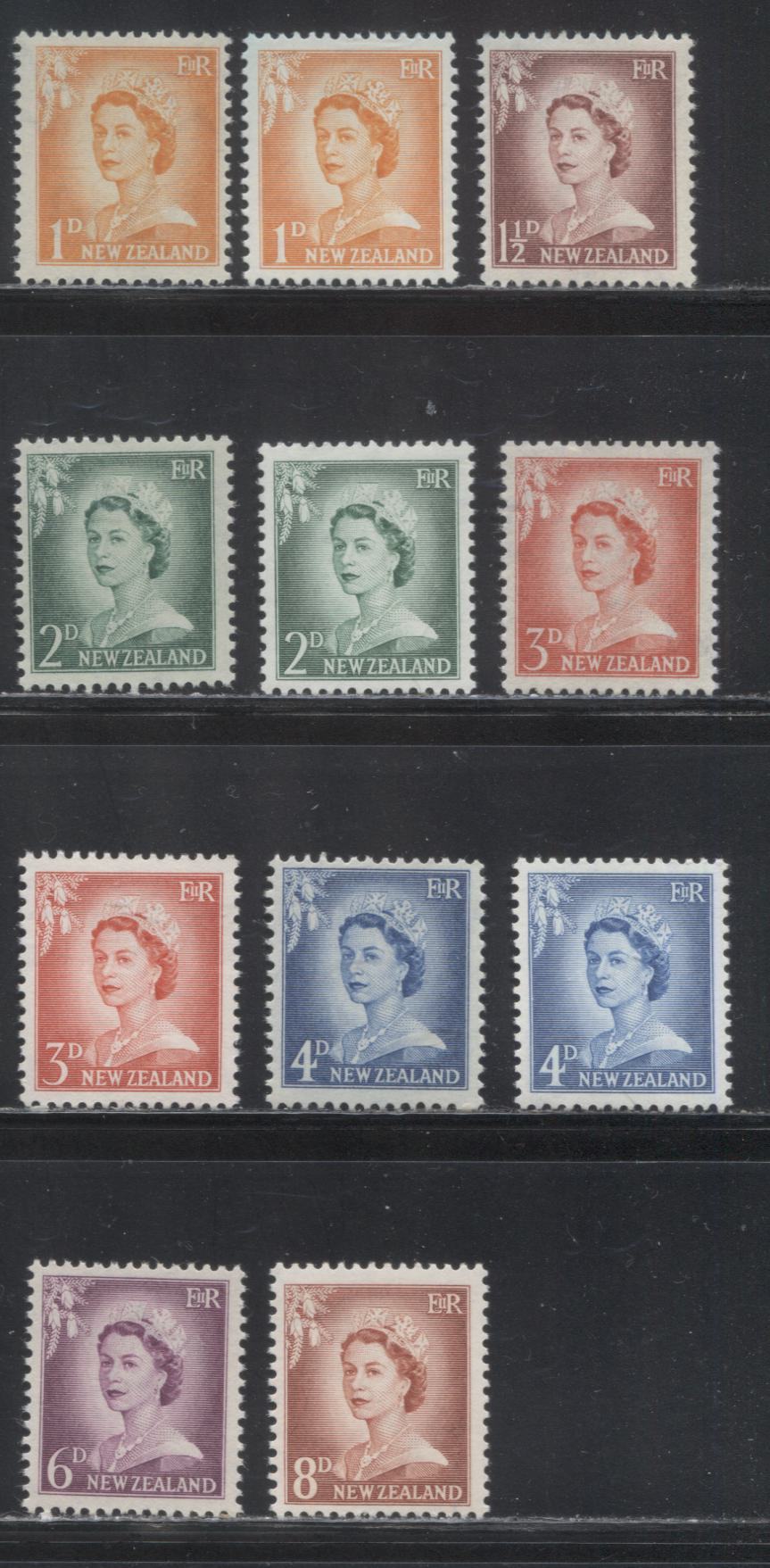 Lot 188 New Zealand SG#745-751 1d Orange - 8d Red Brown, 1955-1959 Bradbury Wilkinson Issue, a Mostly VFNH Set, Including The Opaque Papers