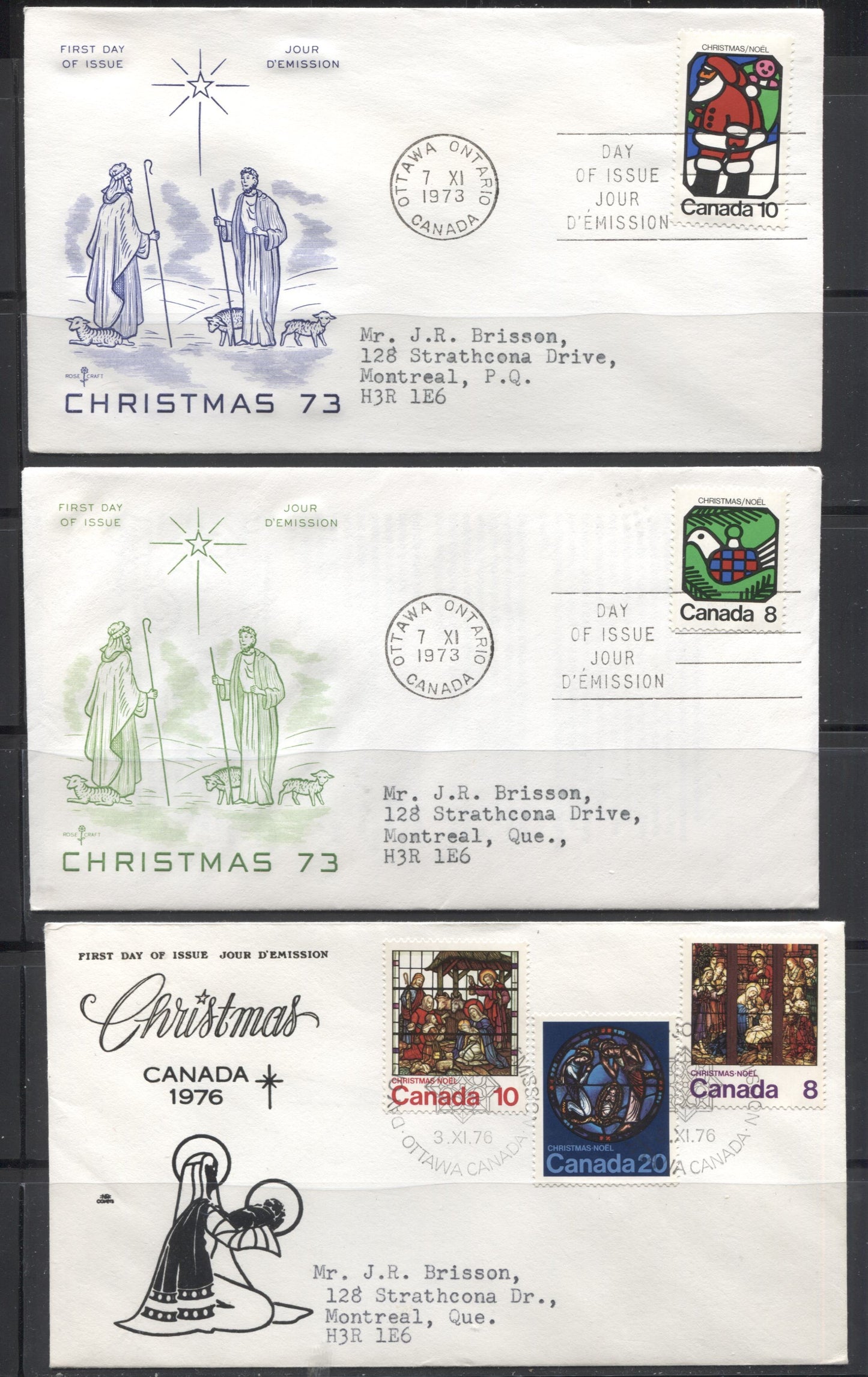 Lot 189 Canada #625-628, 697-699 1973 & 1976 Christmas, Five Official Plus Rosecraft and NR Covers First Day Covers