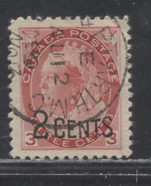 Lot 189 Canada #88 2c on 3c Deep Carmine Rose Queen Victoria, 1899 Provisional Issue, A Jumbo CDS Used Example Cancelled With Port Arthur Mail Car RPO CDS, August 12, 1899