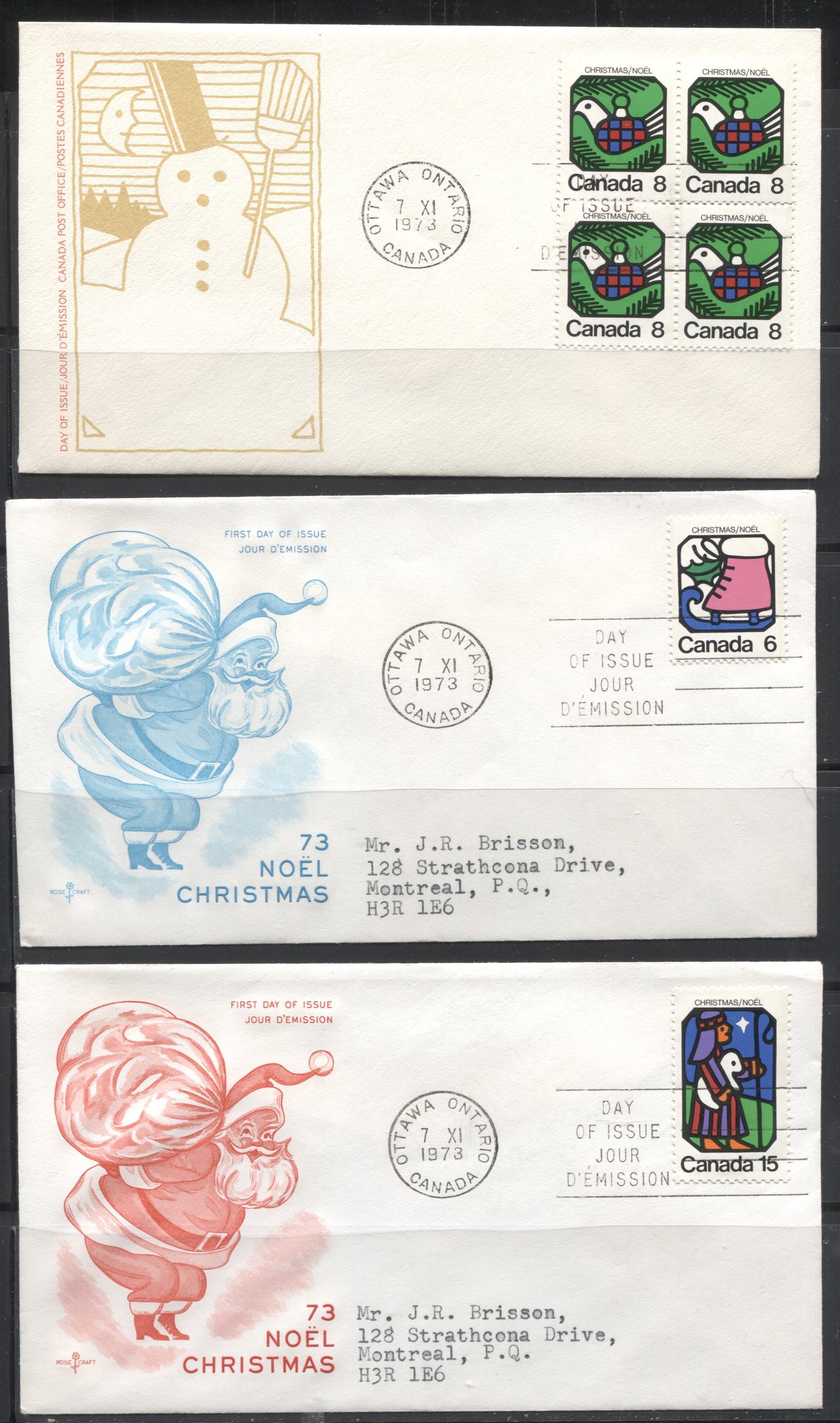 Lot 189 Canada #625-628, 697-699 1973 & 1976 Christmas, Five Official Plus Rosecraft and NR Covers First Day Covers