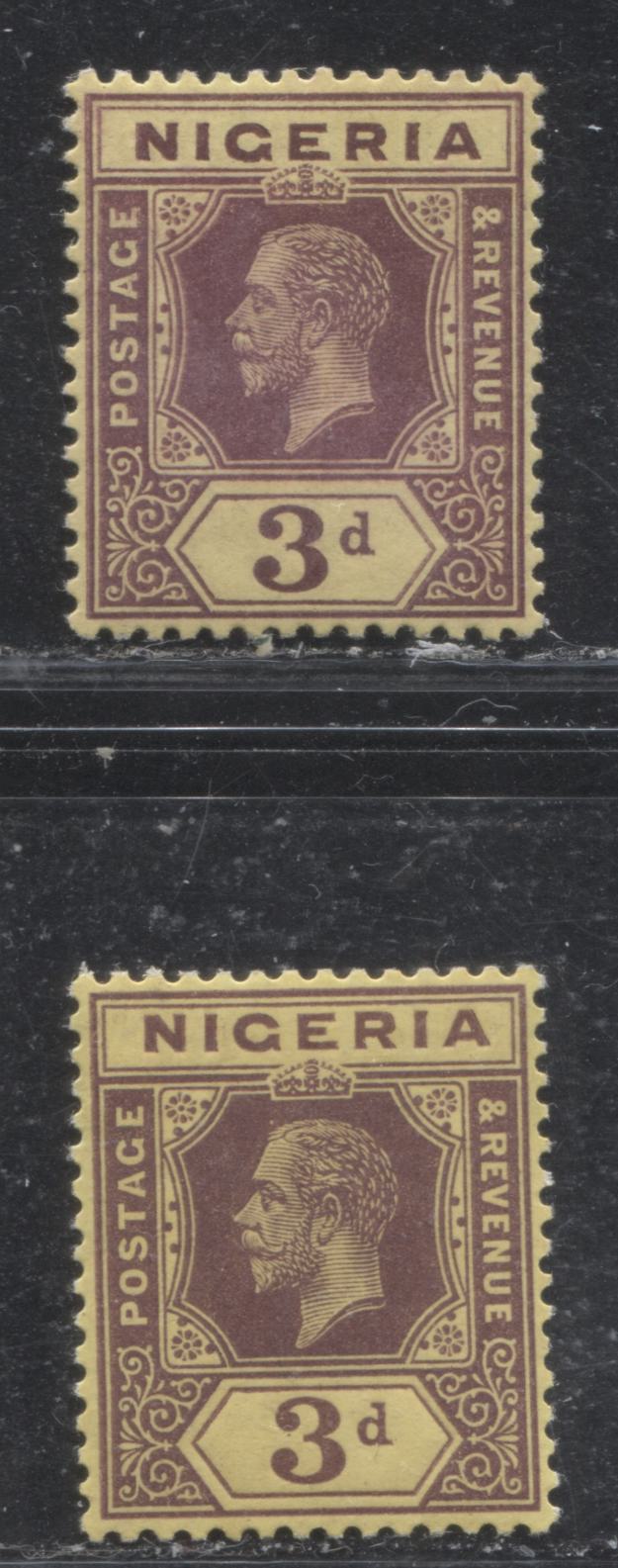 Lot 190 Nigeria SG# 5d 3d Chocolate and Purple Brown on Yellow Paper With Buff Back King George V, 1914-1921 Multiple Crown CA Imperium Keyplate Issue, Two VFOG Examples, From Different Printings, Each a Slightly Different Shade