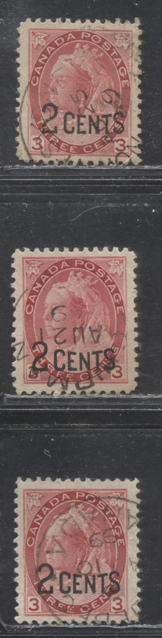 Lot 190 Canada #88 2c on 3c Deep Carmine Rose Queen Victoria, 1899 Provisional Issue, Three VF CDS Used Examples, Each With Different Towns