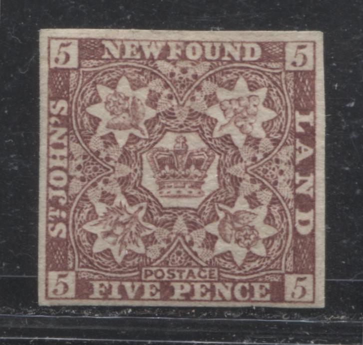 Lot 19 Newfoundland #12A 5d Violet Brown Crown and Heraldic Flowers, 1860 Pence Issue, A VFOG Imperforate Single On Medium Paper With No Mesh, Dry Printing