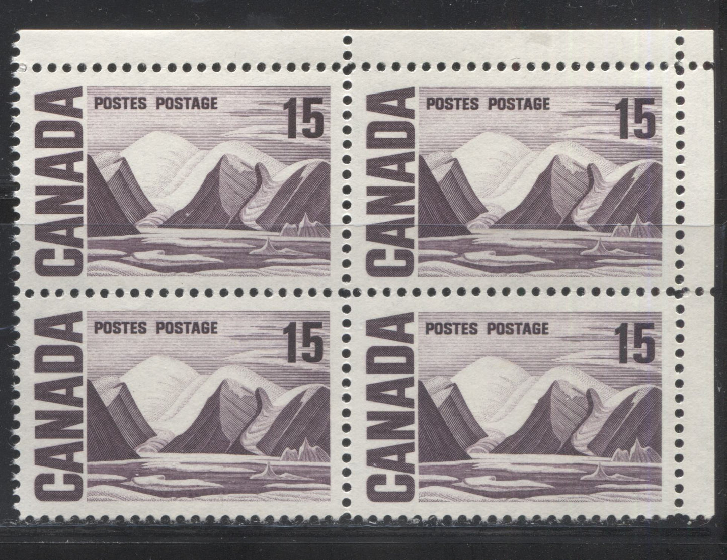 Lot 19 Canada #463ii 15c Deep Reddish Violet Greenland Mountains, 1967-1973 Centennial Definitive Issue, A VFNH UR Field Stock Block Of 4 On HB10 Vertical Wove, Vertical Ribbed Paper With Smooth Dex Gum