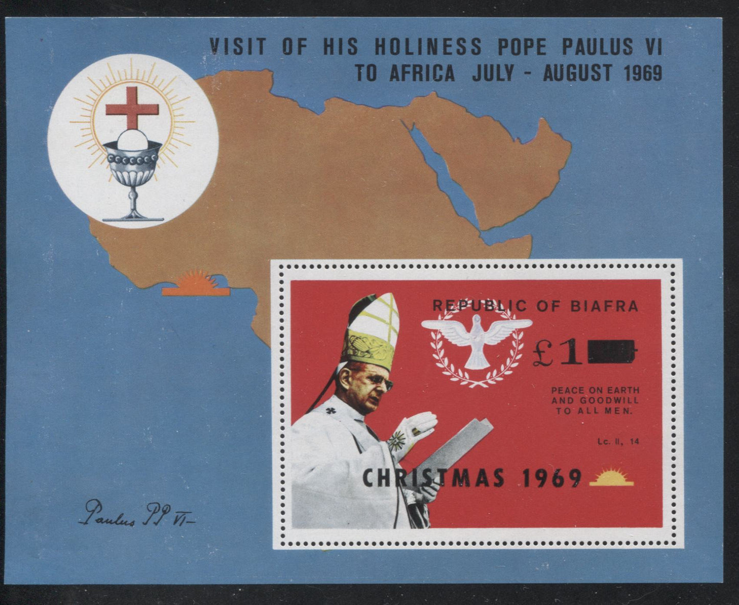 Lot 191 Nigeria - Biafra SG#MS42var One Pound Multicoloured Pope Paul VI and Map of Africa, 1969 Christmas Overprints on Papal Visit Issue, A VFNH Souvenir Sheet Fewer Than 100,000 Printed