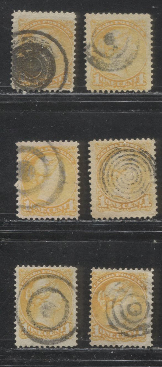 Lot 192 Canada #35 1c Yellow Shades Queen Victoria, 1870-1897 Small Queen Issue, A Group of 6 VG & Fine Used Examples Second Ottawa, Various Perfs, Soft Horizontal Wove, All Cancelled With Different Bullseye and Target Cancels