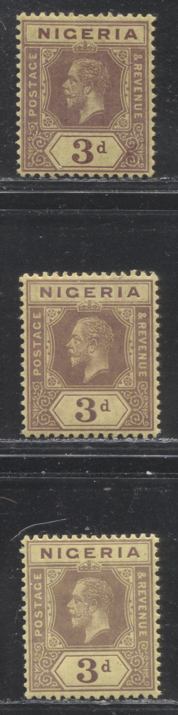 Lot 192 Nigeria SG# 5e 3d Chocolate & Dull Purple on Yellow Paper With Pale Yellow Back King George V, 1914-1921 Multiple Crown CA Imperium Keyplate Issue, Three VFOG Examples, From Different Printings, Each a Slightly Different Shade