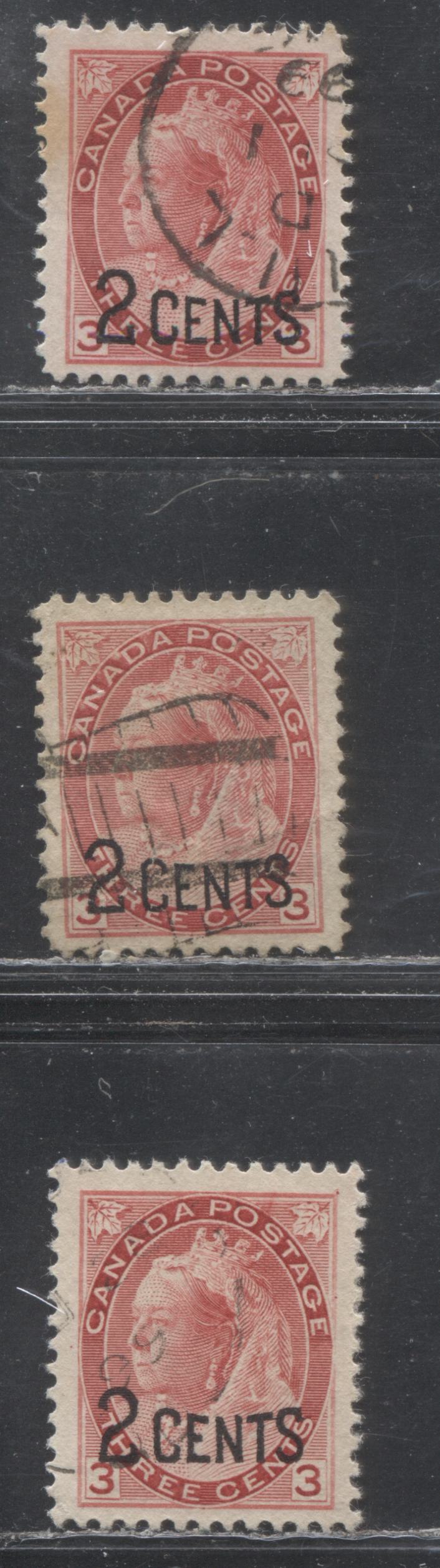 Lot 192 Canada #88 2c on 3c Deep Carmine Rose Queen Victoria, 1899 Provisional Issue, Three VF CDS Used Examples, Each With Different Unlisted Plate Marking or Flaw