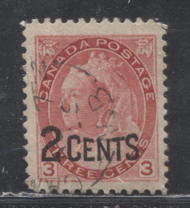 Lot 193 Canada #88 2c on 3c Deep Carmine Rose Queen Victoria, 1899 Provisional Issue, A fine CDS Used Single Showing Extensive Re-Entry