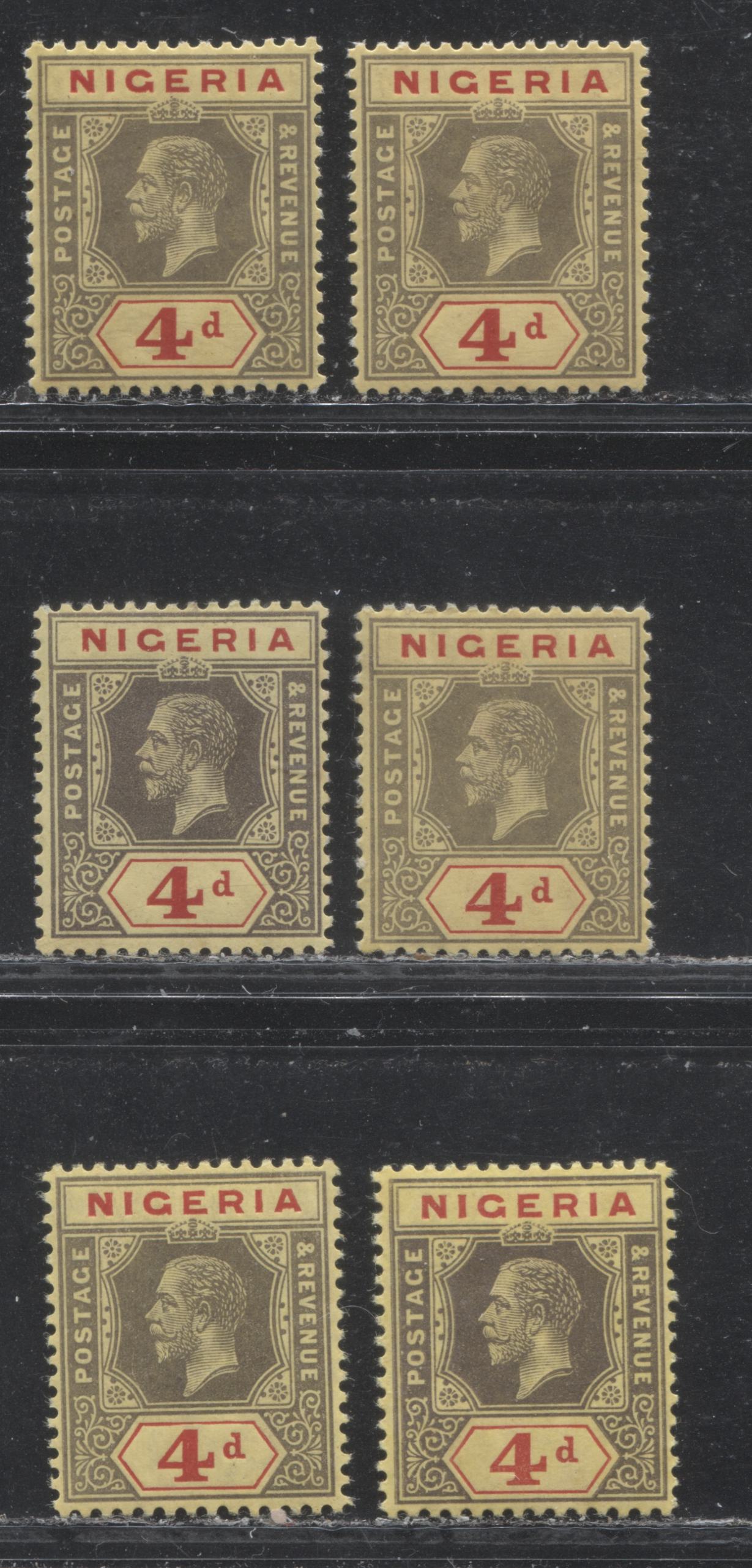 Lot 194 Nigeria SG# 6-6a 4d Grey Black & Carmine and Grey & Carmine on Yellow Paper With White & Lemon Backs King George V, 1914-1921 Multiple Crown CA Imperium Keyplate Issue, Six VFOG Examples, From Different Printings