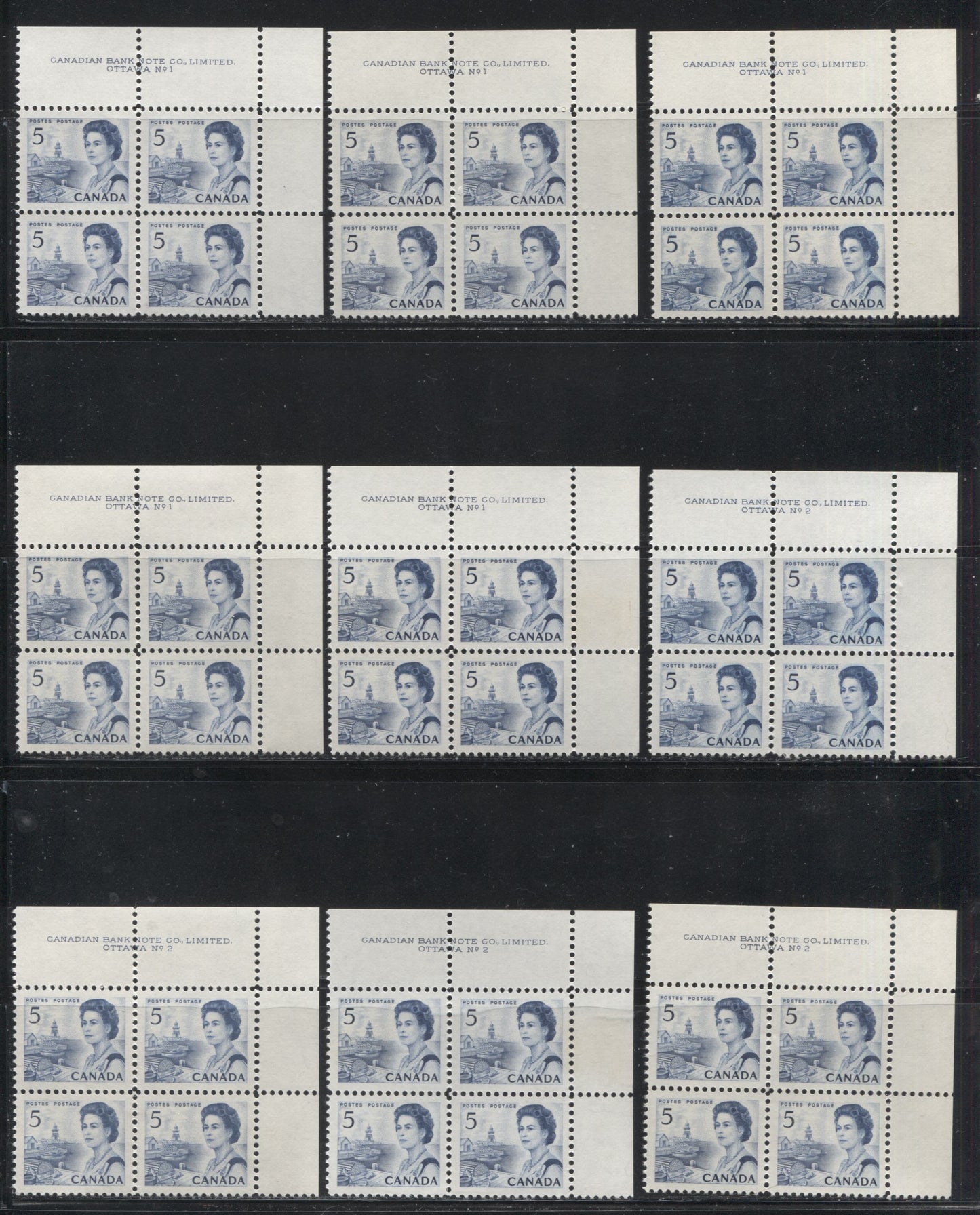 Lot 194 Canada #458/458ii, 458iv, v 5c Deep Blue Atlantic Fishing Village, 1967-1973 Centennial Definitive Issue, Upper Right Plate 1-6 Corner Blocks, A Specialized VFNH Group of 23 Blocks on Different Papers, Different Shades and Different Gums