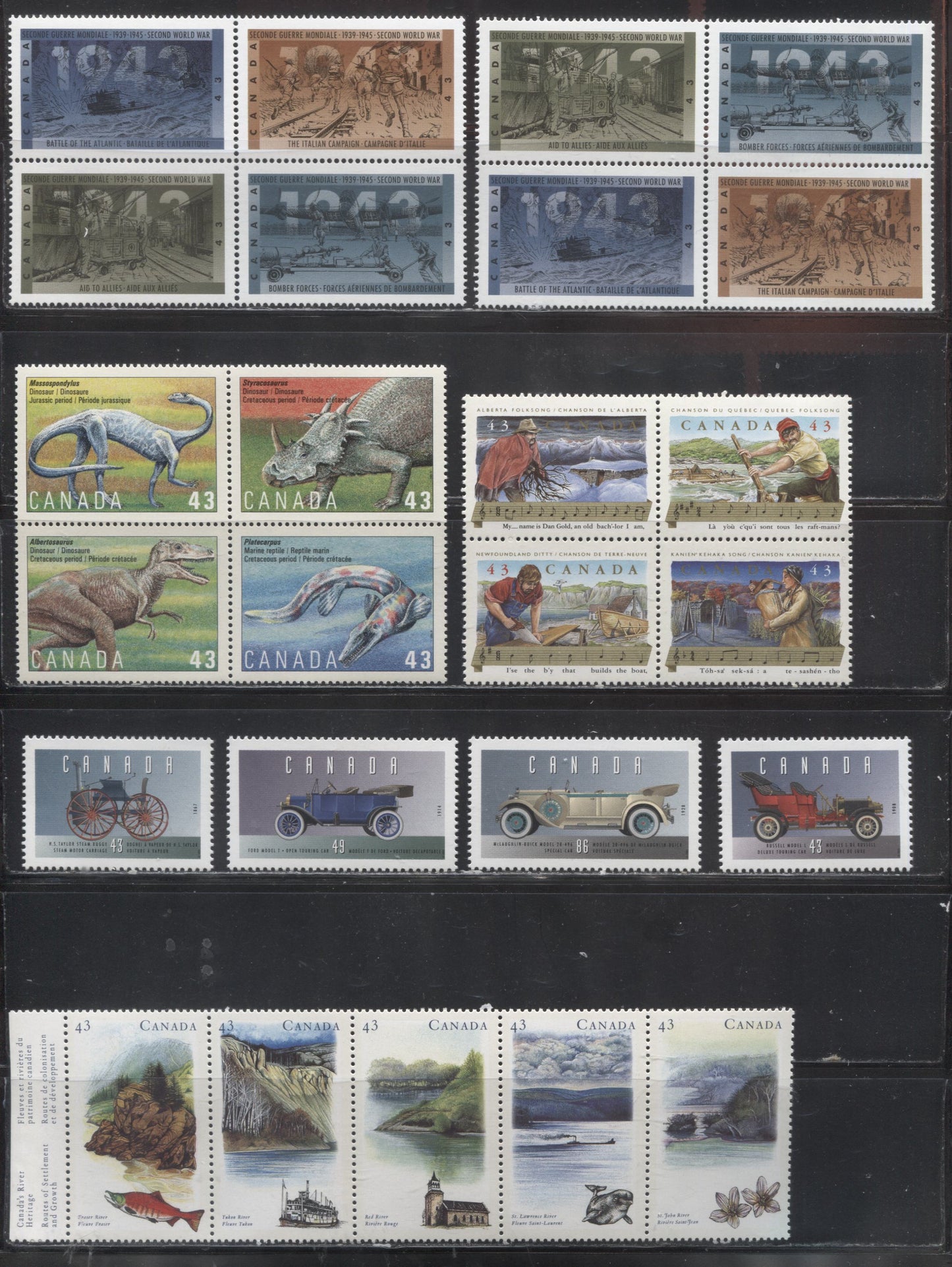 Lot 195 Canada #1484-1506 38c-86c Multicoloured Stamps 1993 Toronto Bicentennial - World War 2 Issues, VFNH Singles, Booklet Singles, Booklet Strip and Se-Tenant Block