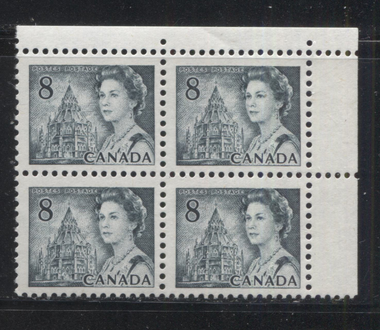 Lot 195 Canada #544pv 8c Slate Queen Elizabeth II, 1967-1973 Centennial Issue, A FNH UR GT2 T1 Tagged Field Stock Block of 4 On LF Ribbed Paper With PVA Gum, G2aL Tagging Error
