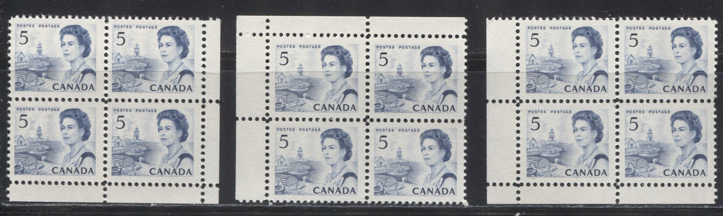Lot 195 Canada #458, 458iii 5c Deep Blue Atlantic Fishing Village, 1967-1973 Centennial Definitive Issue, Blank Corner Blocks, A Specialized VFNH Group of 12 Blocks on Different Papers, Different Shades and Different Gums