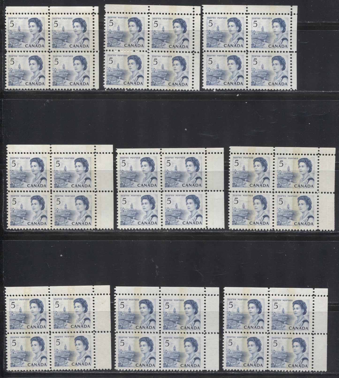 Lot 196 Canada #458p-459piii 5c Deep Blue Atlantic Fishing Village, 1967-1973 Centennial Definitive Issue, Upper Right Tagged Corner Blocks, A Specialized VFNH Group of 9 Blocks on Different Papers, Different Shades and Different Gums