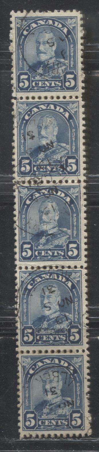 Lot 196 Canada #170i 5c Milky Blue King George V, 1930-1935 Arch Issue, A VF CDS Used Vertical Strip of 5, November 5, 1931 Calgary CDS Cancel