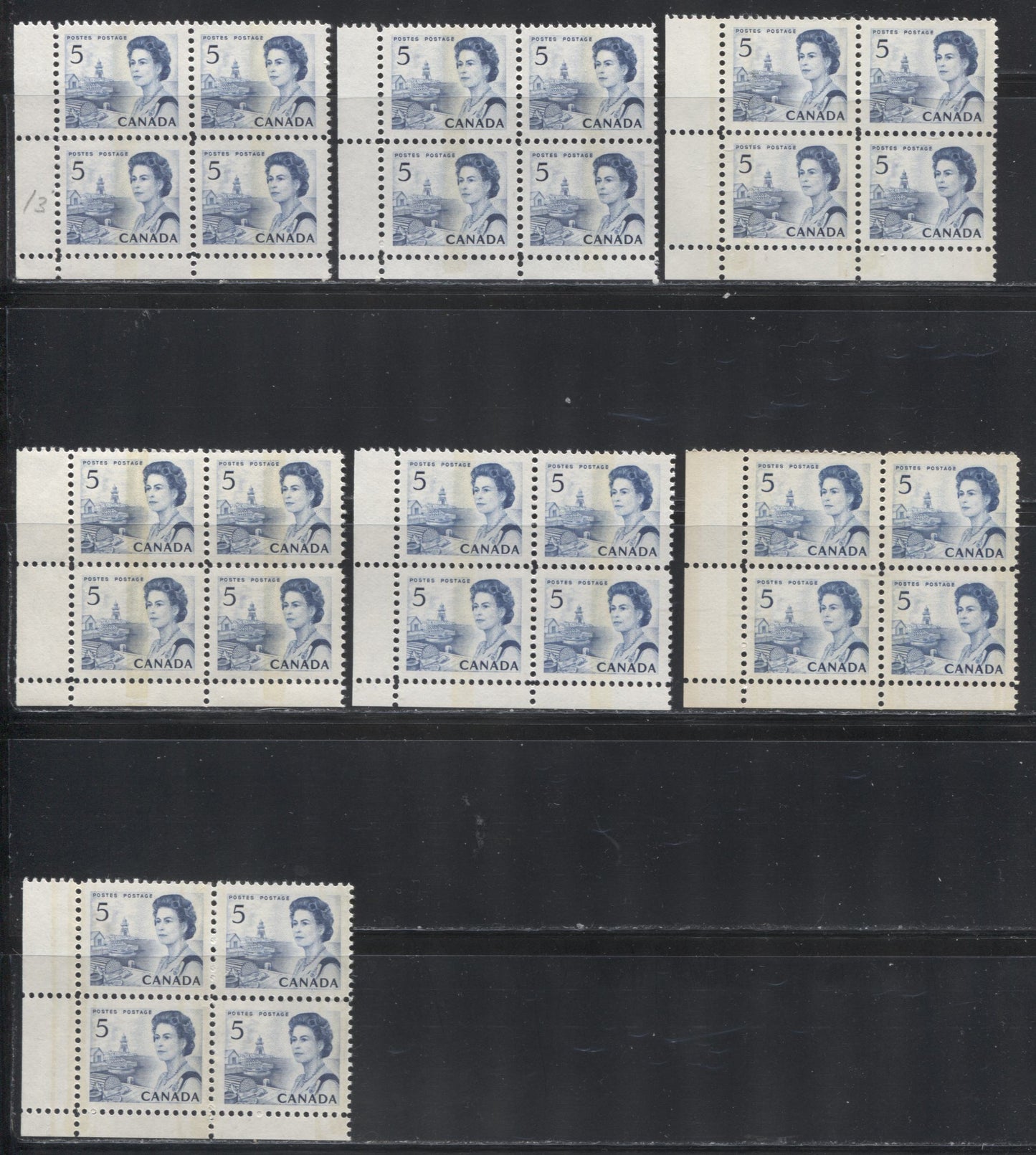 Lot 197 Canada #458p-459piii 5c Deep Blue Atlantic Fishing Village, 1967-1973 Centennial Definitive Issue, Lower Left Tagged Corner Blocks, A Specialized VFNH Group of 7 Blocks on Different Papers, Different Shades and Different Gums