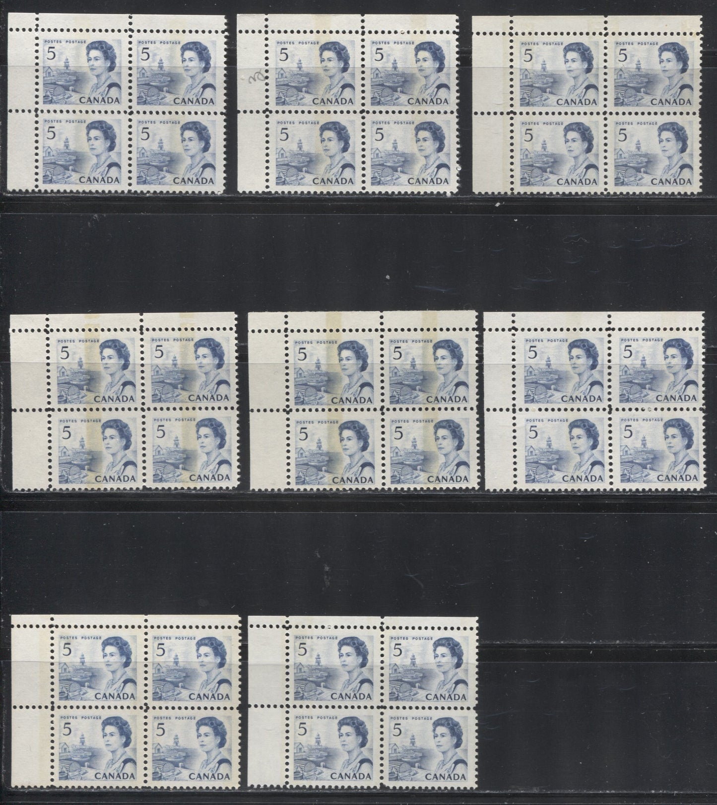 Lot 198 Canada #458p-459piii 5c Deep Blue Atlantic Fishing Village, 1967-1973 Centennial Definitive Issue, Lower Left Tagged Corner Blocks, A Specialized VFNH Group of 8 Blocks on Different Papers, Different Shades and Different Gums