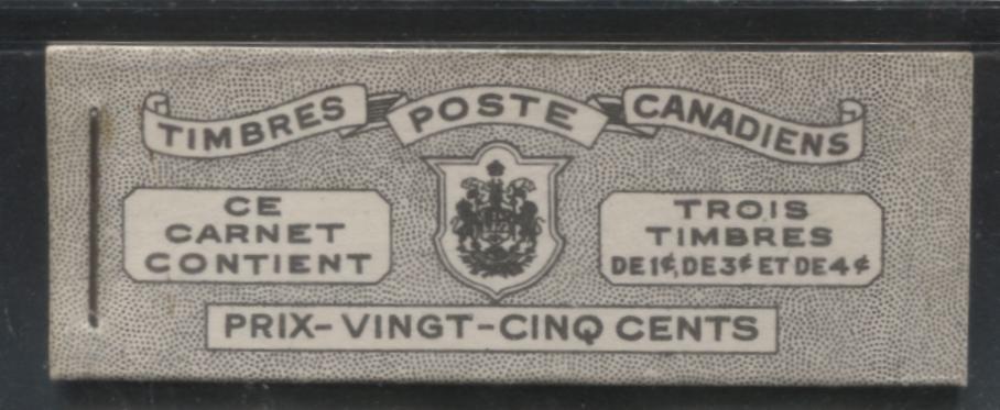 Lot 292 Canada #BK38a 1942-1949 War Issue Complete 25c, French Booklet Containing 1 Pane Each of 3 of 1c Green, 3c Rosy Plum and 4c Carmine Red, Harris Front Cover Type Vc , Back Cover Jvii, 7c & 6c Rate Page