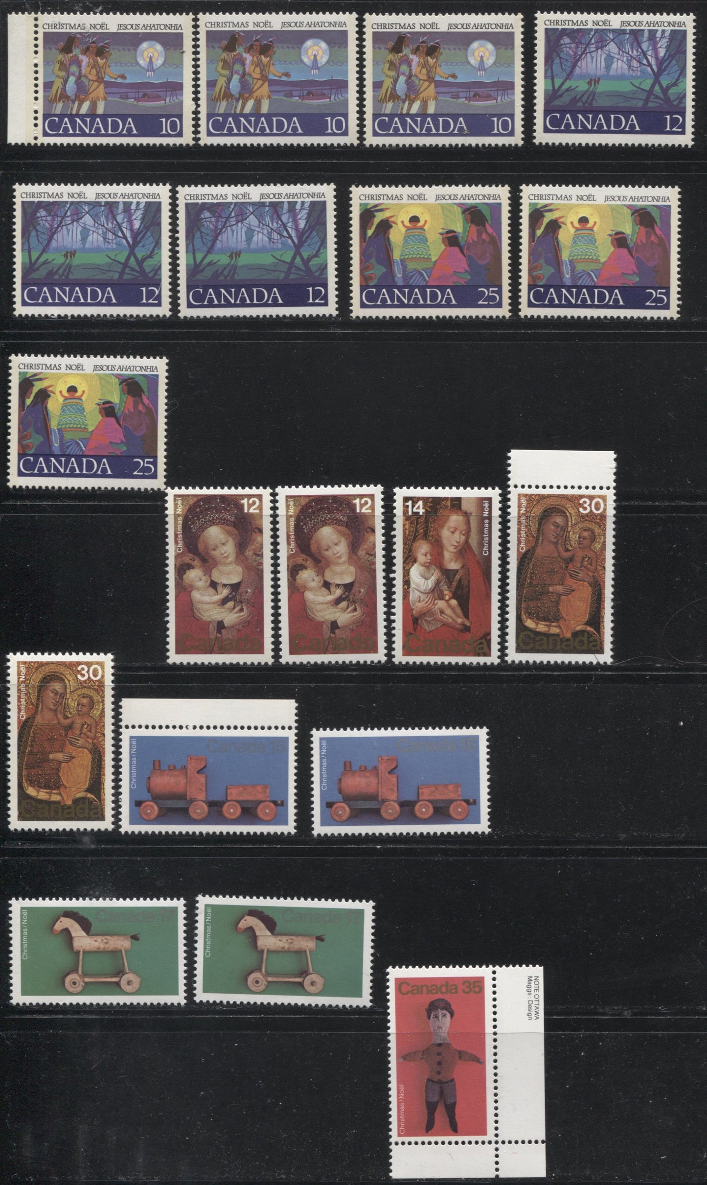 Lot 199 Canada #741/841 1977-1979 Christmas Issues - A Specialized Lot of 19 VFNH Singles, With Different Paper Types