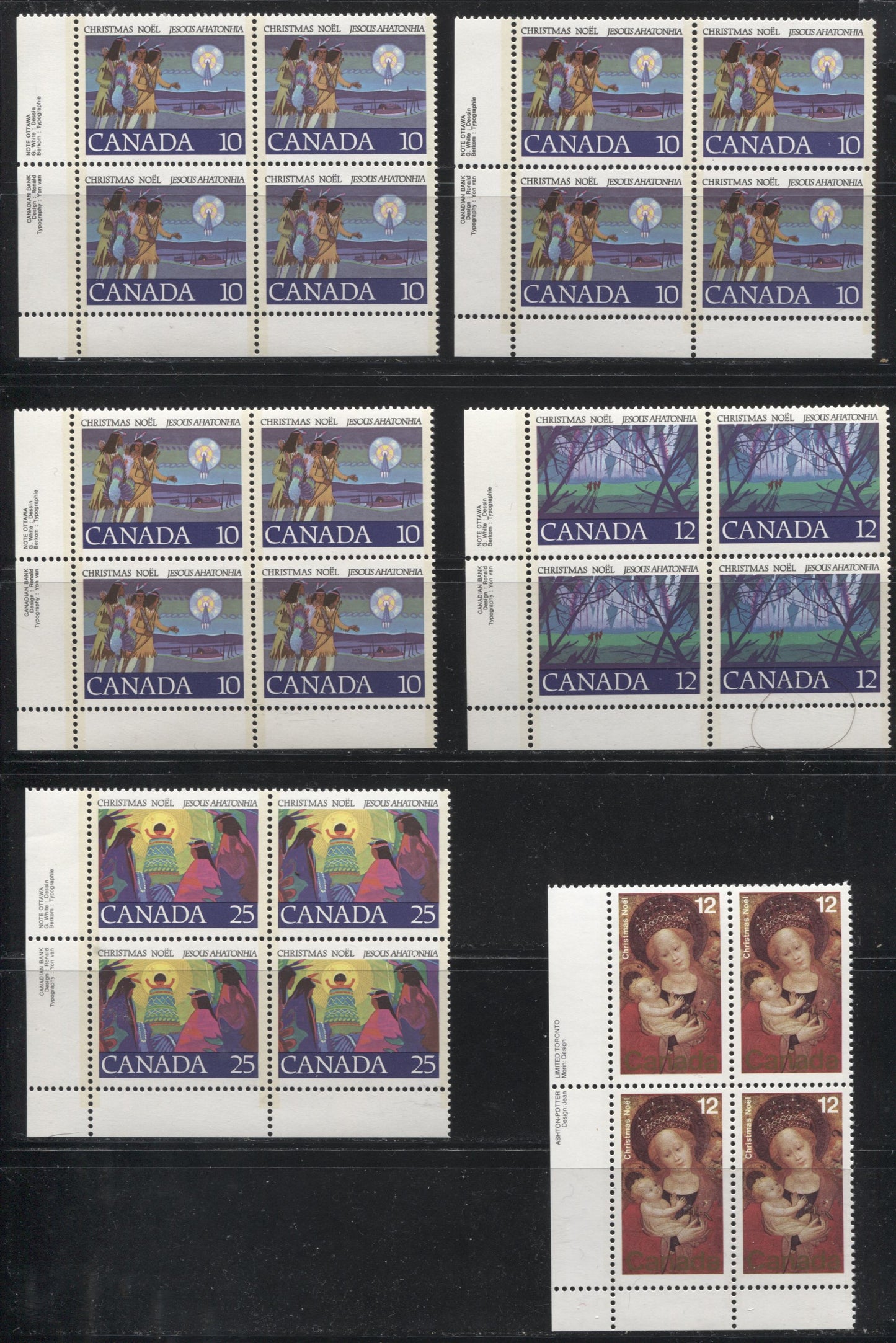Lot 200 Canada #741/841 1977-1979 Christmas Issues - A Specialized Lot of 11 VFNH Lower Left Inscription Blocks, With Different Paper Types