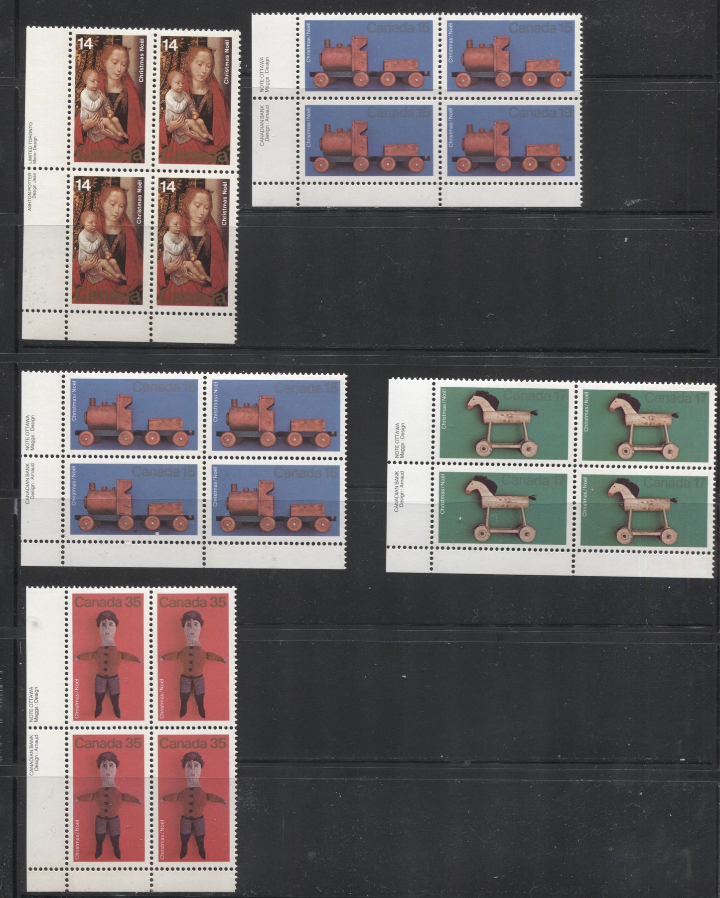 Lot 200 Canada #741/841 1977-1979 Christmas Issues - A Specialized Lot of 11 VFNH Lower Left Inscription Blocks, With Different Paper Types