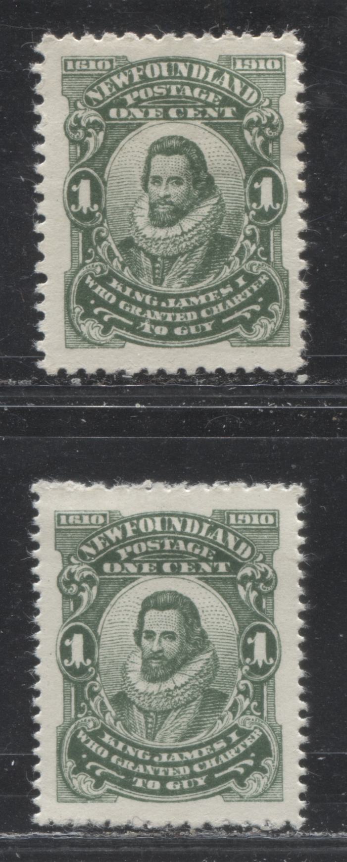 Lot 2 Newfoundland # 87a, 87b 1c Green King James I, 1910 John Guy Issue, Two VFOG Examples, Perf. 12 x 11 and 12 x 14