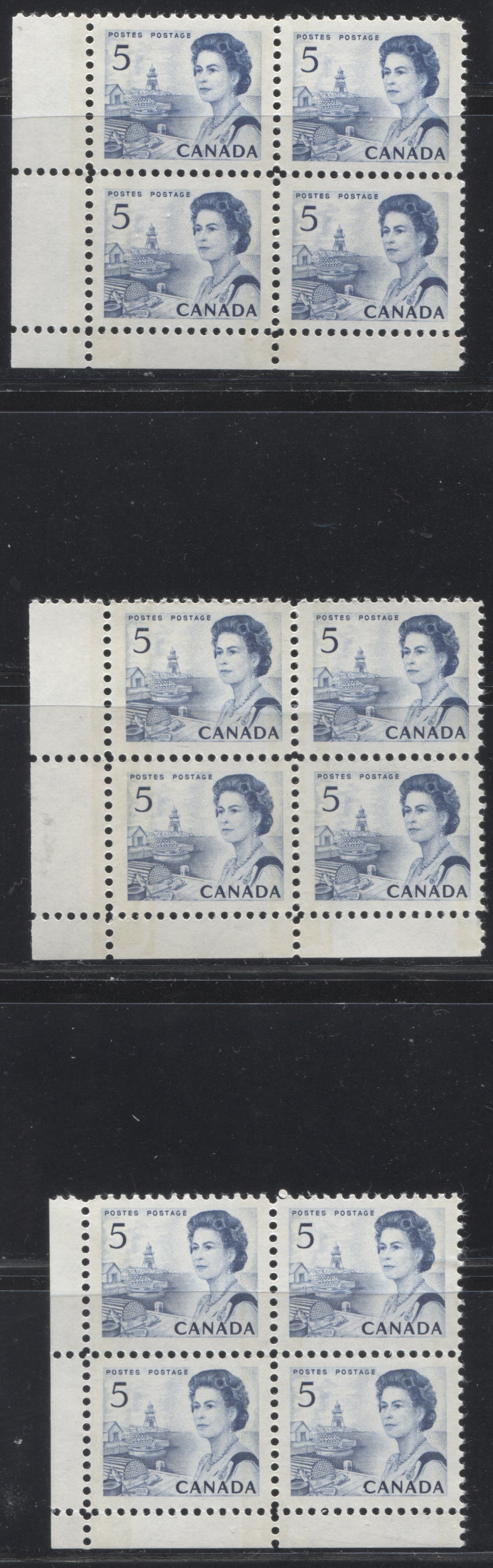 Lot 201 Canada #458pvar 5c Deep Blue Atlantic Fishing Village, 1967-1973 Centennial Definitive Issue, Lower Left W2B Tagged Corner Blocks, A Specialized VFNH Group of 3 Blocks With Narrow and Wide Spacing Between Tag Bars