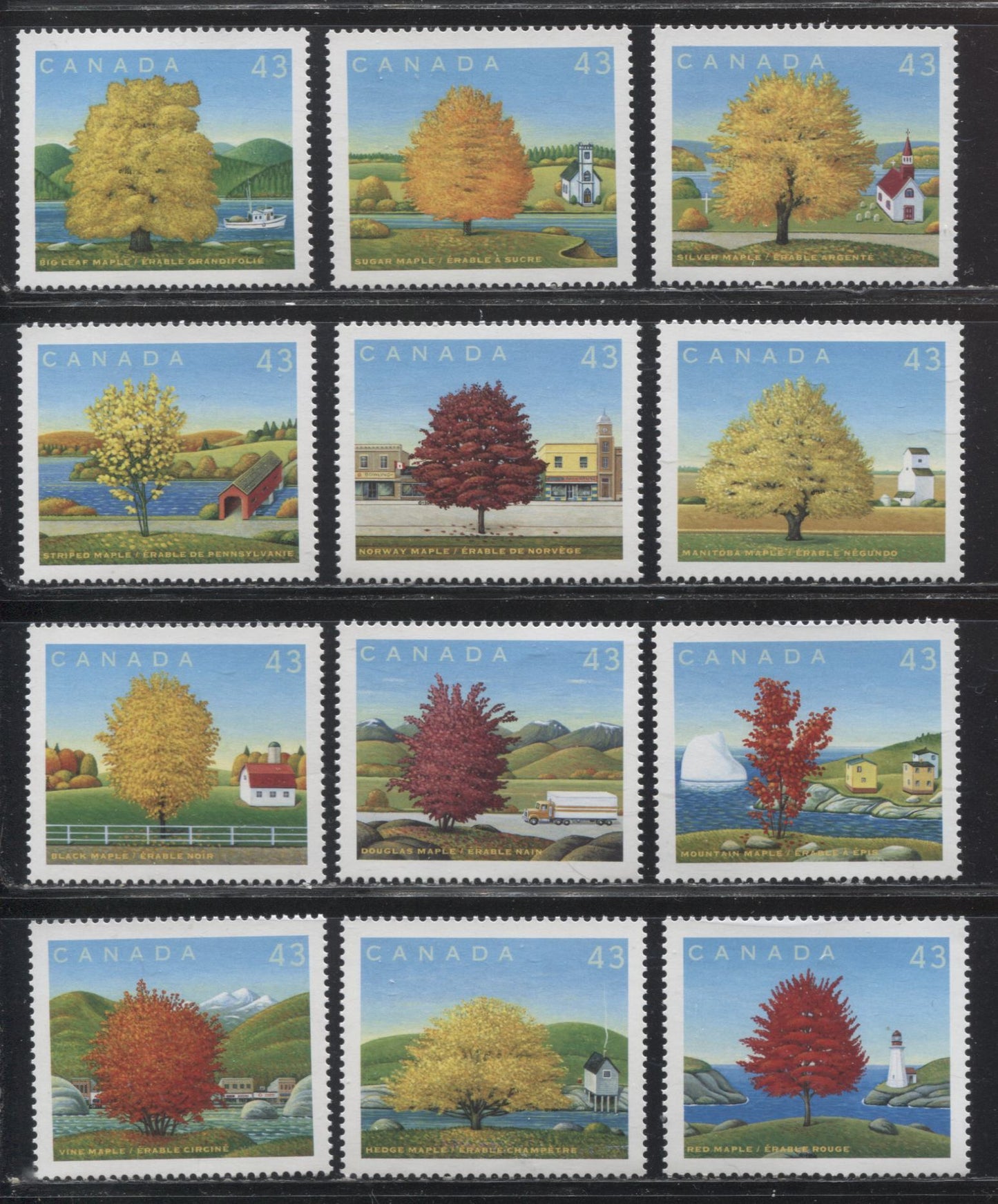Lot 201 Canada #1524a-l 43c Multicoloured Maple Trees 1994 Canada Day Issue, VFNH Singles From the Souvenir Sheet, on LF Paper