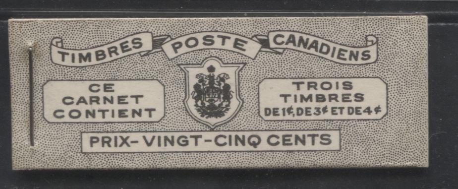 Lot 202 Canada #BK38a 1942-1949 War Issue Complete 25c, French Booklet Containing 1 Pane Each of 3 of 1c Green, 3c Rosy Plum and 4c Carmine Red, Harris Front Cover Type Vc , Back Cover Jvi, 7c & 6c Rate Page
