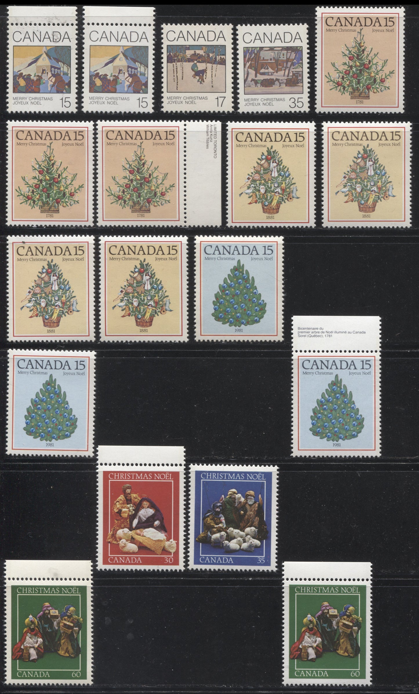 Lot 203 Canada #870/975 1980-1982 Christmas Issues - A Specialized Lot of 18 VFNH Singles, With Different Paper Types