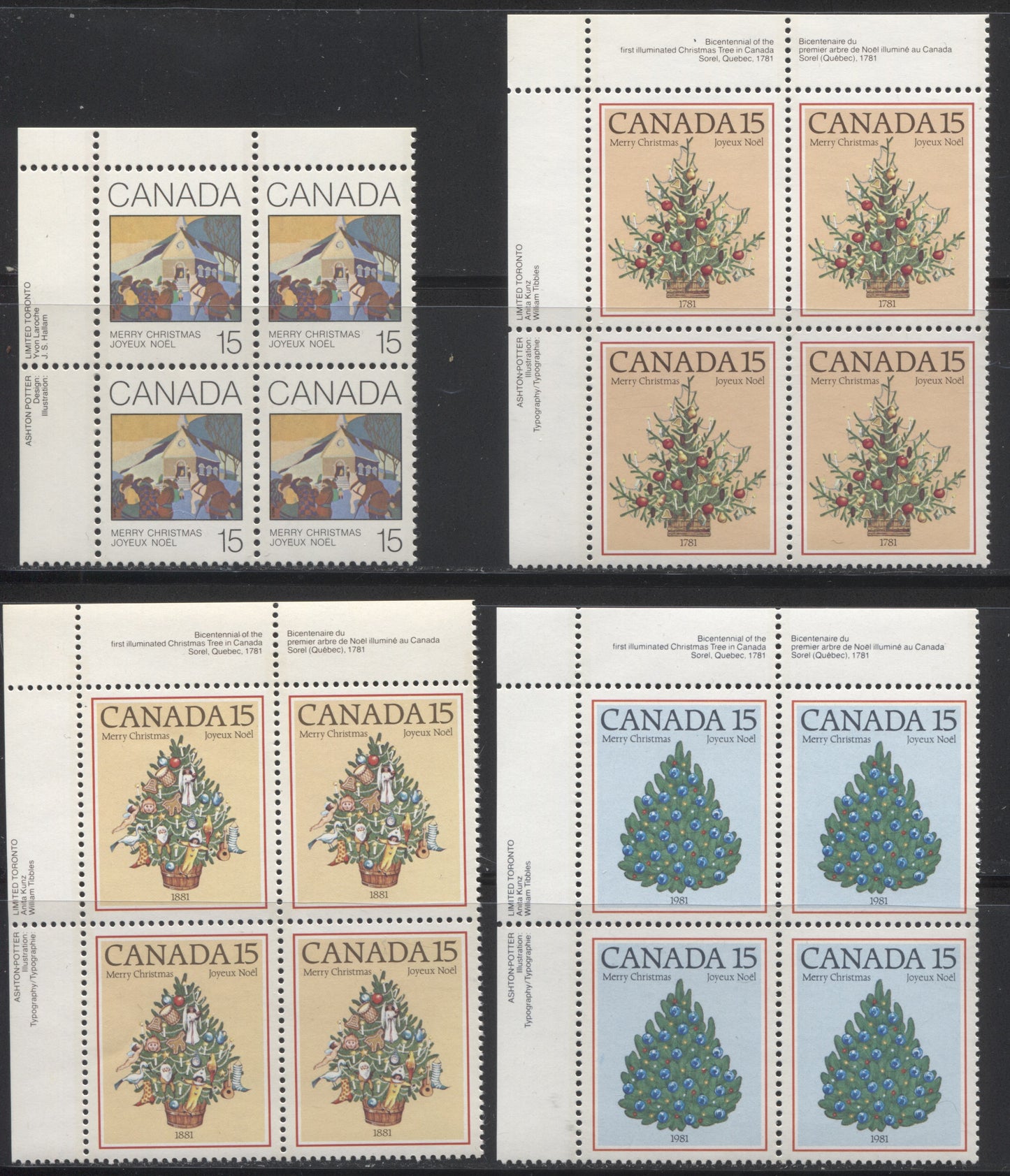 Lot 204 Canada #870/902 1980-1981 Christmas Issues - A Group of 4 Upper Left Inscription Blocks on DF/NF Paper
